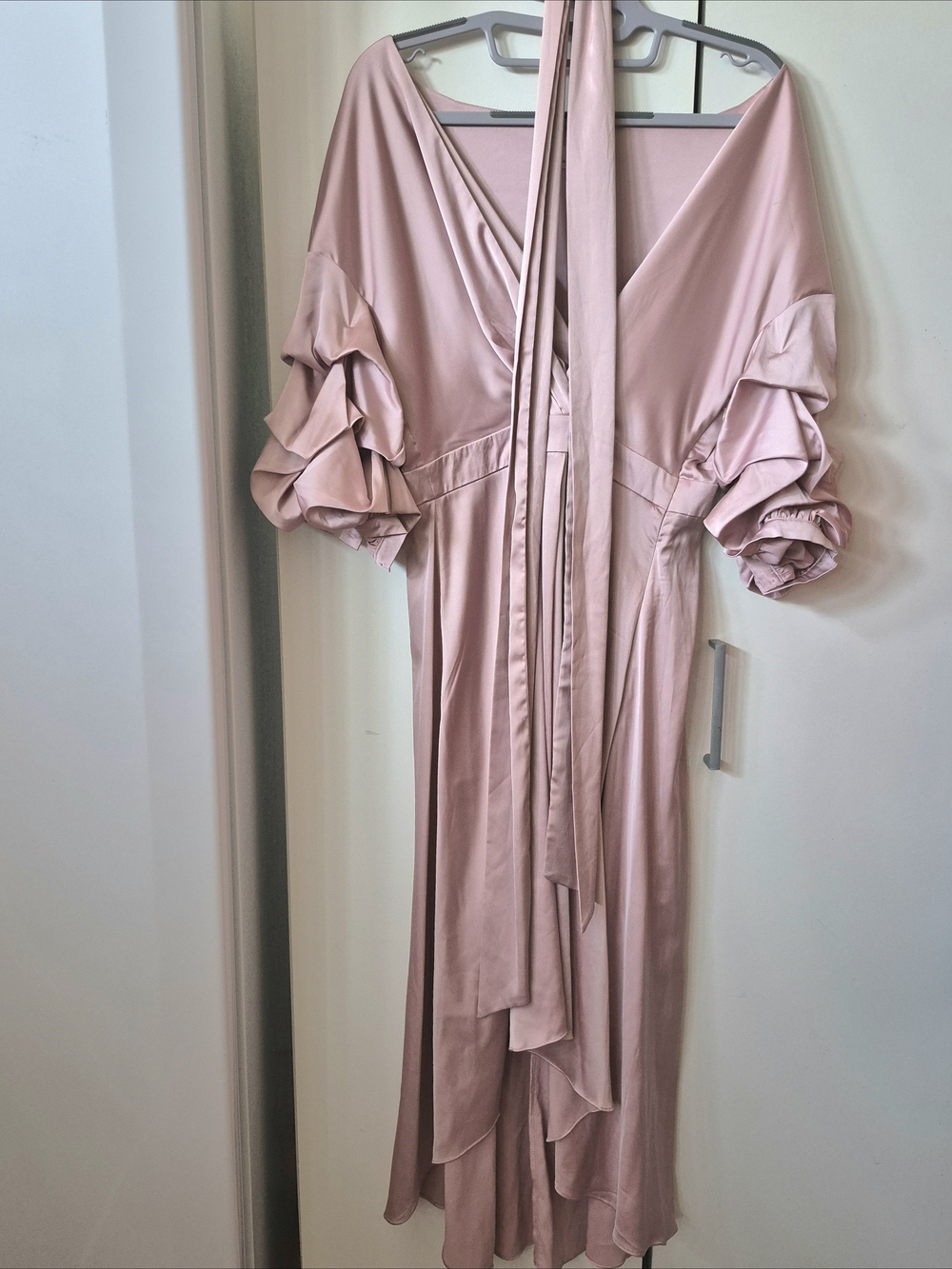 Chicwish Elegant Pink Satin V-Neck High-Low Ruffle Sleeve Occasion Dress